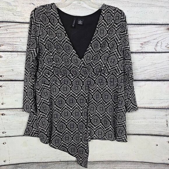 New Directions Black White Print Wrap Blouse XL - Picture 1 of 7